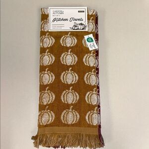 ENVOGUE Caramel Brown White Burgundy Green Harvest Pumpkin Fringe Kitchen Towels
